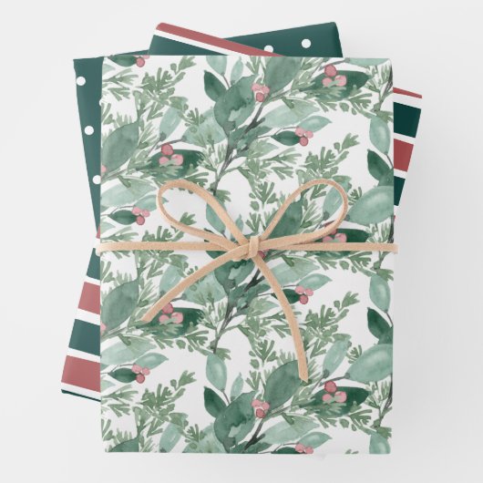 Holiday Greenery Dark Green en Red Kerstmis Inpakpapier Vel (In situ)