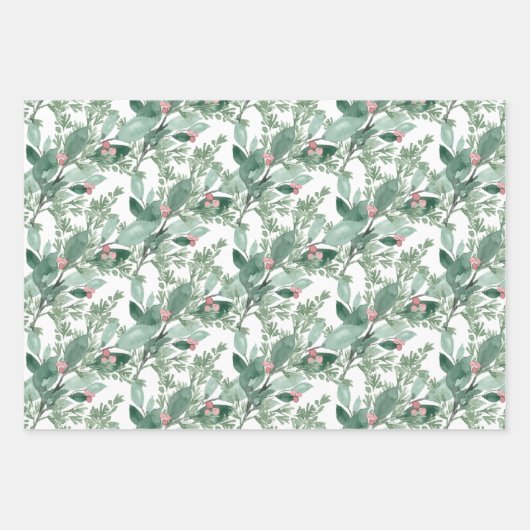 Holiday Greenery Dark Green en Red Kerstmis Inpakpapier Vel (Voorkant)