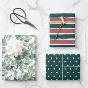 Holiday Greenery Dark Green en Red Kerstmis Inpakpapier Vel