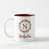 Holiday Greenery Wreate Family Monogram Tweekleurige Koffiemok (Links)
