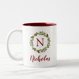 Holiday Greenery Wreate Family Monogram Tweekleurige Koffiemok