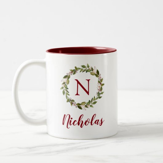 Holiday Greenery Wreate Family Monogram Tweekleurige Koffiemok (Links)