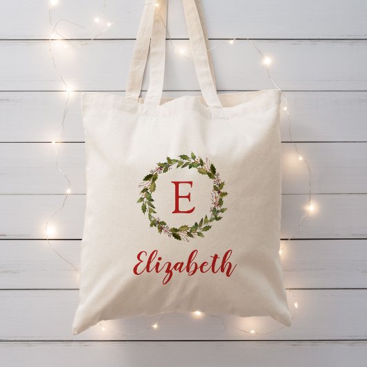 Holiday Greenery Wreator Monogram Rebruikbare Gift Tote Bag