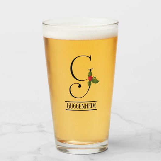 Holiday Holly Monogram G gepersonaliseerd bier Glas (Voorkant gevuld)