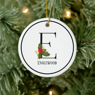Holiday Holly Monogram Letter E Persoonlijk Keramisch Ornament