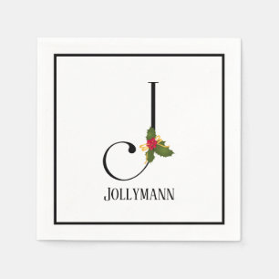 Holiday Holly Monogram Letter J Paper Napkin Servet
