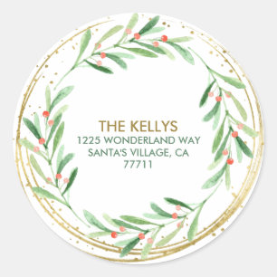 Holiday Holly Wreator Gold Sparkle Return Address Ronde Sticker