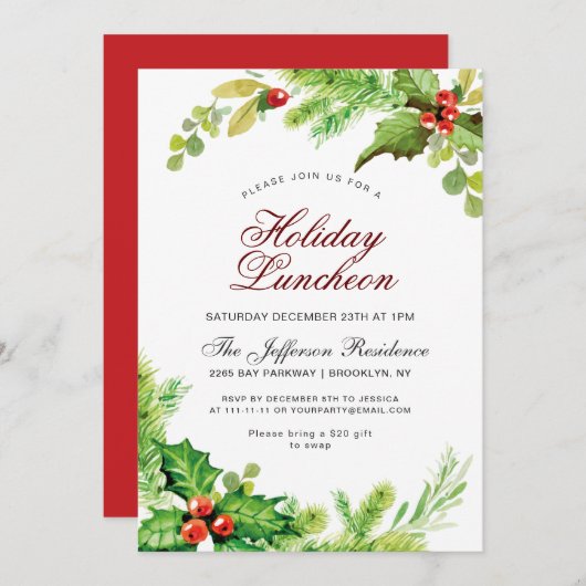 Holiday Luncheon Red Holly Berry Kerstmis Kaart (Voorkant / Achterkant)