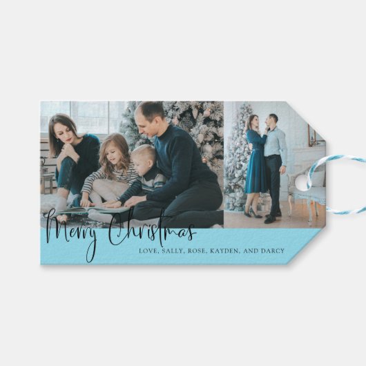 Holiday Merry kerstscript Foto Collage Blue Cadeaulabel (Voorkant (Horizontaal))