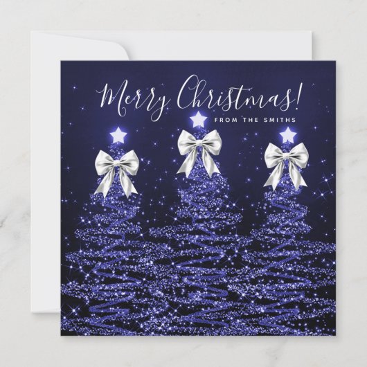 Holiday Navy Blue Christmas Trees Greeting Silver  Feestdagenkaart (Voorkant)