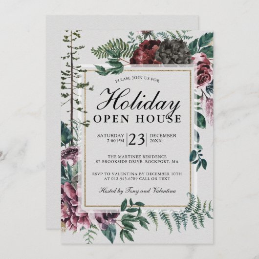 Holiday Open House Rustic Red Floral Kaart (Voorkant / Achterkant)