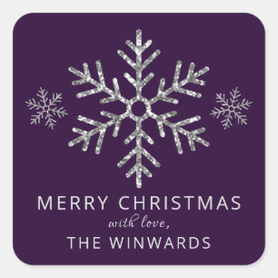 Holiday Paarse Silver Glitter Kerstmis Snowflake Vierkante Sticker