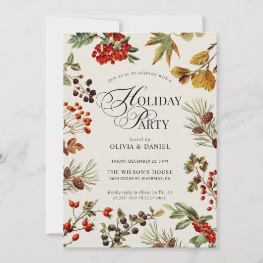 Holiday Party Botanical Plants Berries Script Kaart (Voorkant)