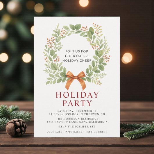 Holiday Party Christmas Wreath Red Bow Invitation