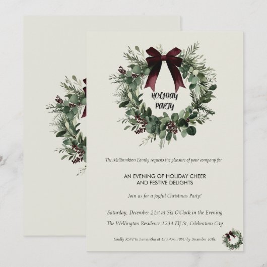 Holiday Party Invitation Elegant Christmas Wreath (Devant / Derrière)