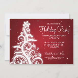 Holiday Party Invitation Swirly Tree Red Kaart