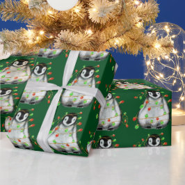 Holiday Penguin - roodroze en groene lichten Cadeaupapier