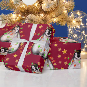 Holiday Penguin - roodroze en groene lichten Wra Cadeaupapier