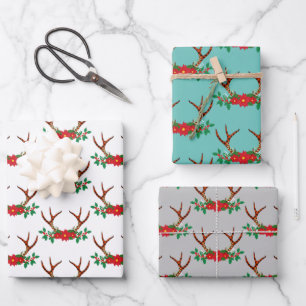 Holiday Poinsettia en Antlers Inpakpapier Vel
