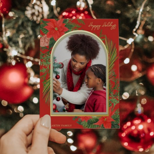 Holiday Poinsettia en Greenery Foto Folie Feestdagenkaart