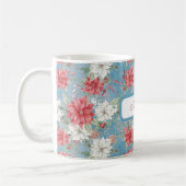 Holiday Poinsettia Floral Mok over Blue Personaliz (Links)