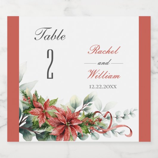 Holiday Poinsettia Wedding Table Number Labels Sparkling Wijnetiket (Enkel label)