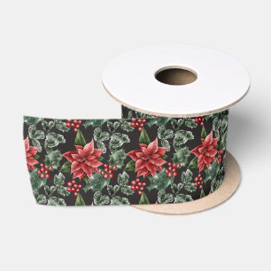 Holiday Poinsettias Holly Berries en Leaves Lint