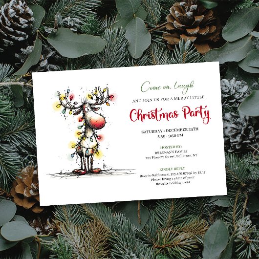 Holiday quirky reindeer Christmas party invite Kaart