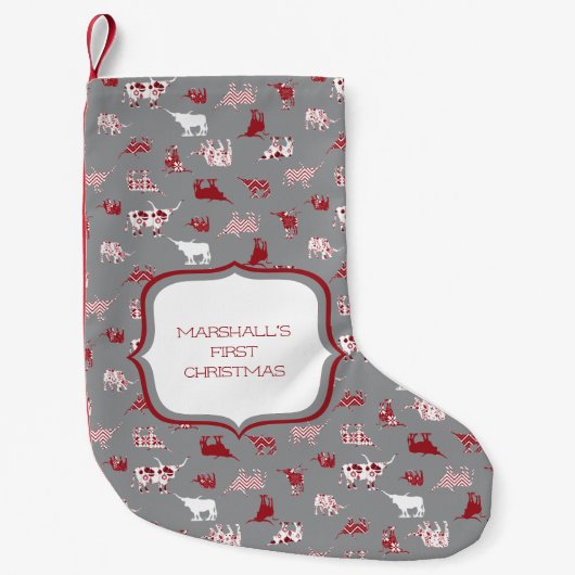 Holiday Red Pattered Longhorns Pattern Kleine Kerstsok (Voorkant)