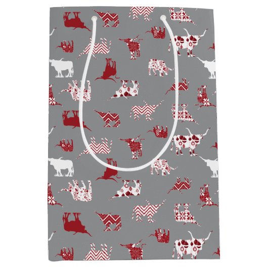 Holiday Red Pattered Longhorns Pattern Medium Cadeauzakje (Voorkant)