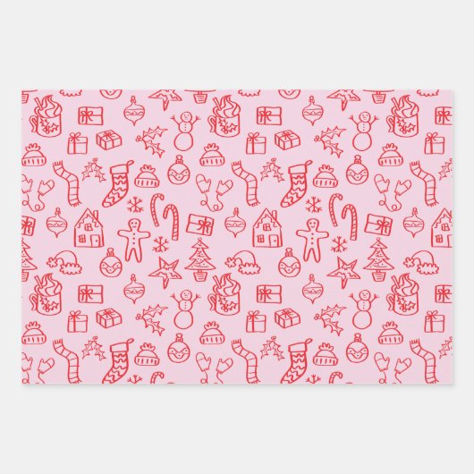 Holiday Scribble Doodle Rood en Roze Inpakpapier Vel (Voorkant 2)