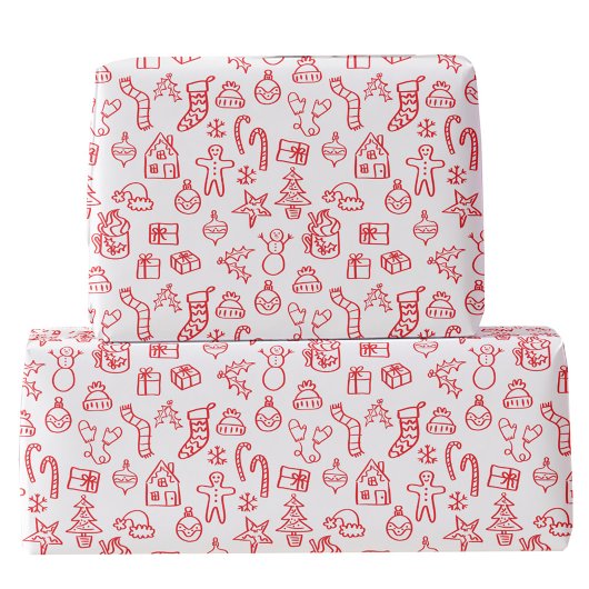 Holiday Scribble Doodle Rood en Wit Cadeaupapier