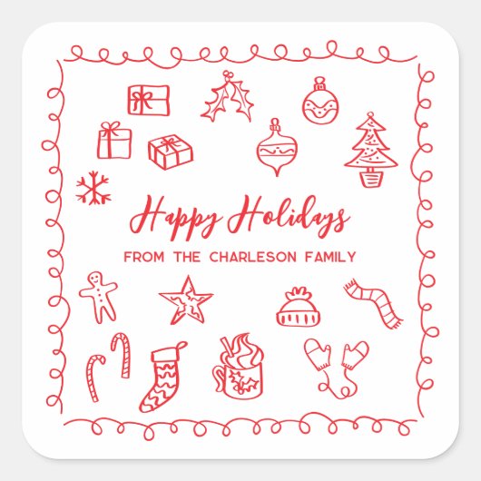 Holiday Scribble Illustratie Doodle Rood en Wit Vierkante Sticker (Voorkant)