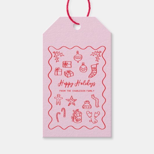 Holiday Scribble Illustratie Doodle Roze en Rood Cadeaulabel (Voorkant)