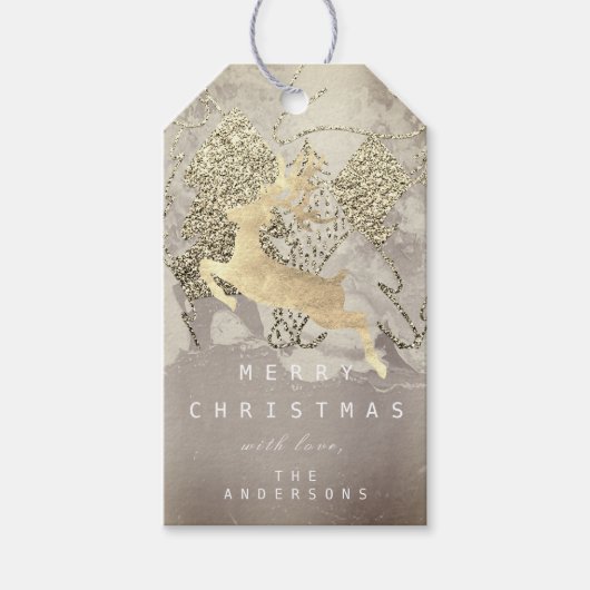 Holiday Sepia Gold-kerstboomrenrendierbomen Cadeaulabel (Voorkant)