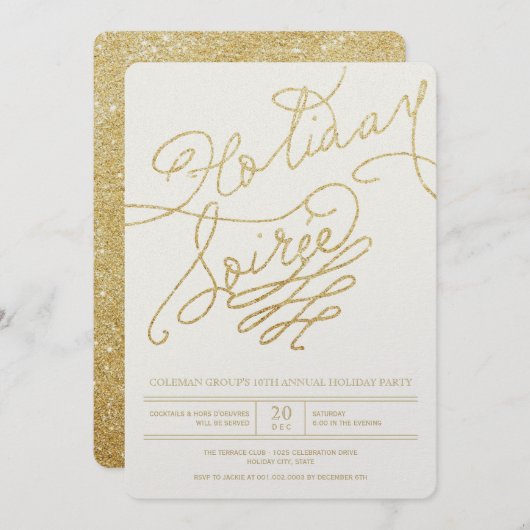 Holiday Soiree Gold Glitter Script Stijlvol feest Kaart (Voorkant / Achterkant)