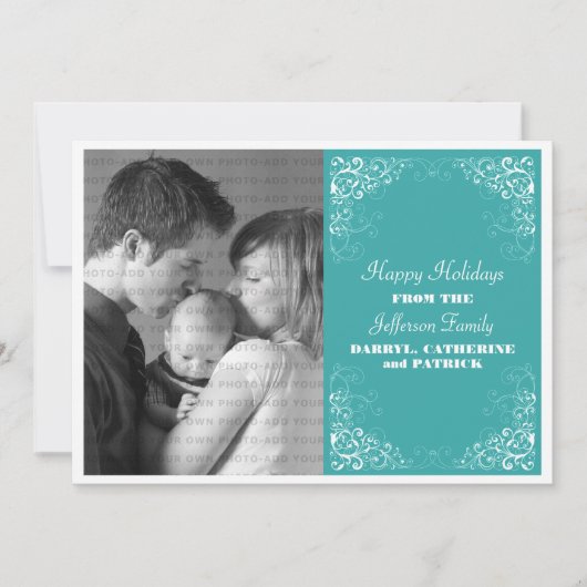 Holiday Swirls Photo Flat Kaart, Aqua Feestdagenkaart (Voorkant)