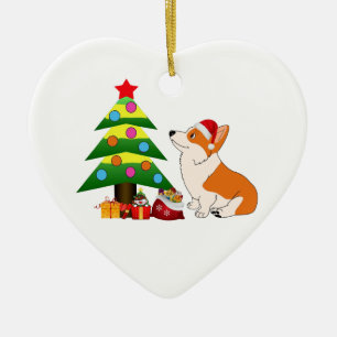 Holiday Welsh Corgi Cartoon met boom Keramisch Ornament
