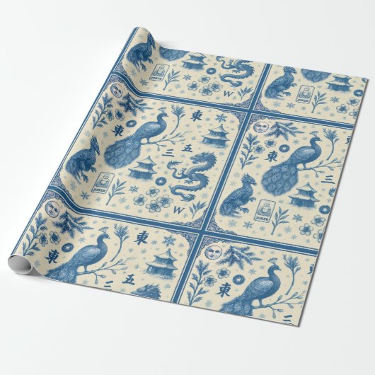 Holiday & Winter Mahjong Toile Wrapping Paper Cadeaupapier (Uitgerold)