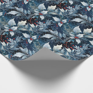 Holiday Wrapping Papier Blauw Frosted Holly