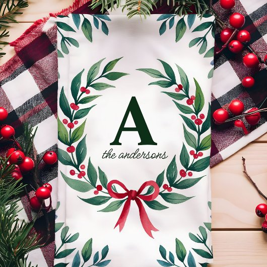 Holiday Wreath Monogram Gepersonaliseerde Kerst Theedoek