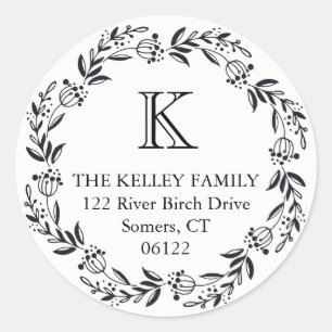 Holiday Wreath Rustic Black Initiaal Monogram Ronde Sticker