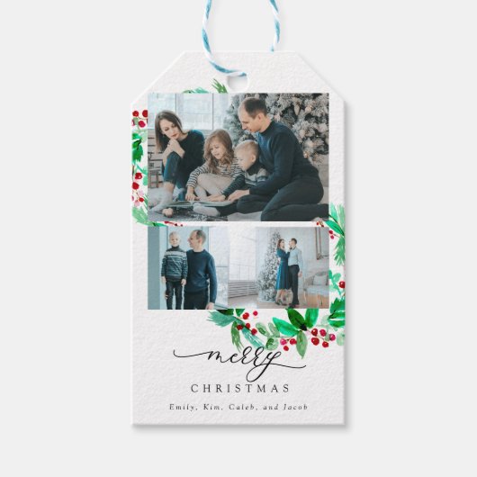 Holiday Wreatscript 3 Foto Merry Kerstmis Chic Cadeaulabel (Voorkant)