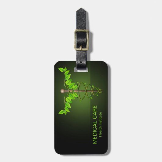 Holistic Alternative Medical Caduceus Green Leaves Bagagelabel (Voorkant verticaal)