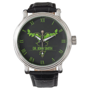 Holistic Alternative Medical Caduceus Green Leaves Horloge