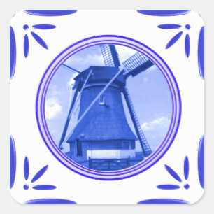 Holland Windmill Delft-Blue-Tile-look Gedrukt Vierkante Sticker