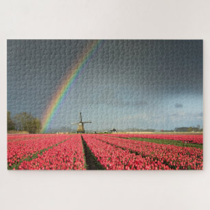 Hollandschap met regenboog, tulpen, windmolen legpuzzel