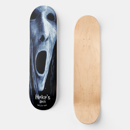 Hollow-eyed phantom witch etching on blue-black skateboard (Voorkant)