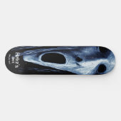 Hollow-eyed phantom witch etching on blue-black skateboard (Horizontaal)