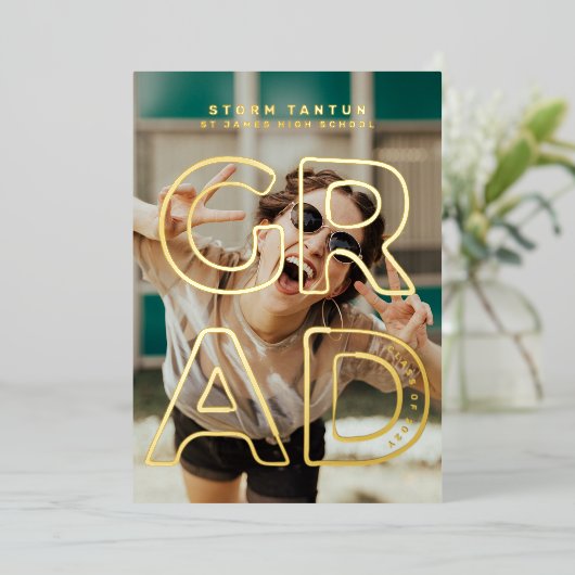 HOLLOW LINE SCOOOL GRAD Gold Foil Faire-part (Debout devant)